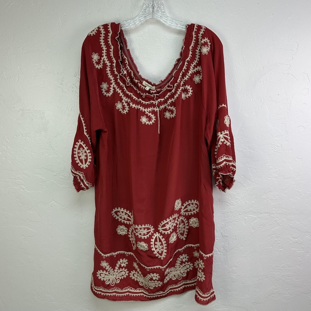 Sundance Blouse Womens Medium Red 100% Silk Embroidered‎ Boho Peasant Tunic Top